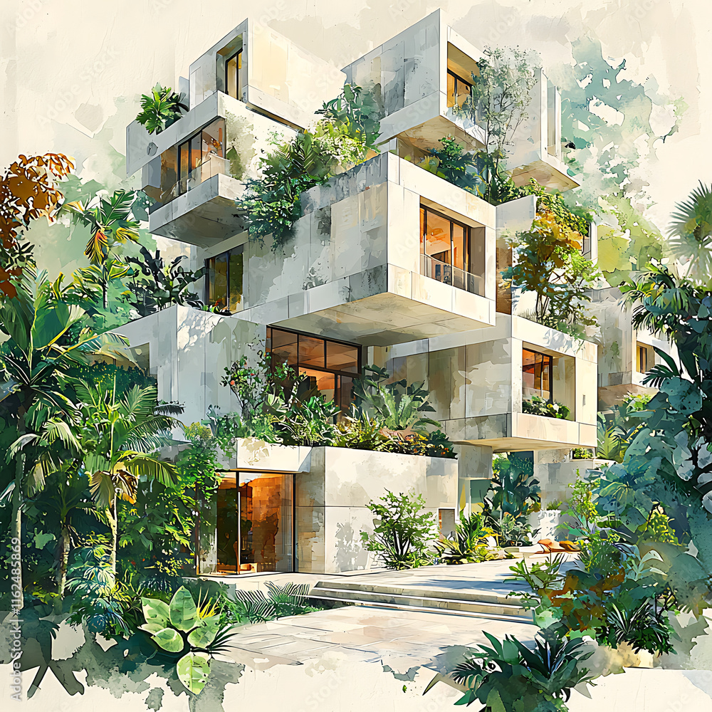 Poster elegant and modern architectural rendering of residential building surrounded by lush greenery and t