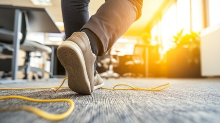 Close-up of a businessman stumbling over an electrical cord in the office, highlighting the potential hazards of office environments and the importance of safety and awareness in the workplace