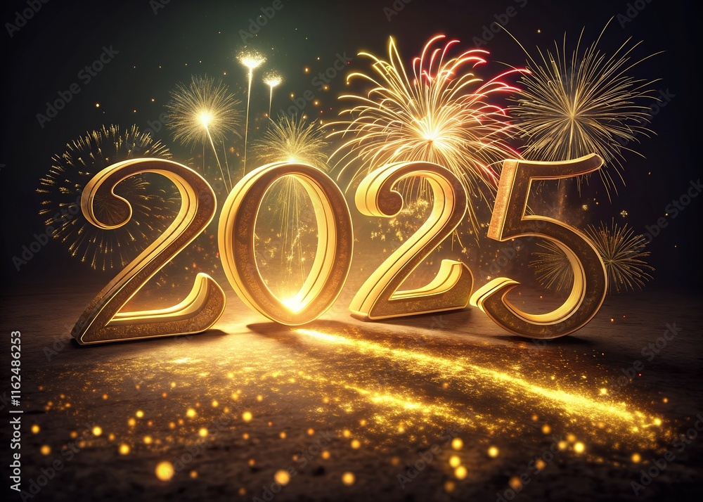 Fototapete happy new year with numbers 2025 with sparkling confetti particles scattered around and firework, ci