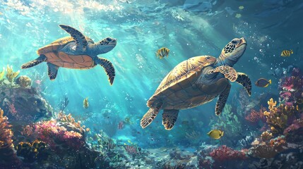 Fototapeta premium Two Sea Turtles Gracefully Swim Through Vibrant Coral Reef