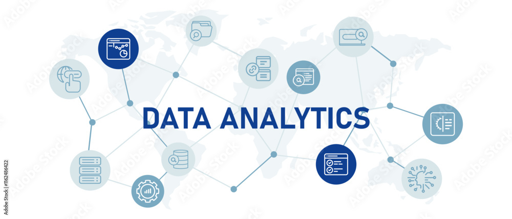 Poster data analytics icon illustration of large data analysis interpretation exploration and processing se