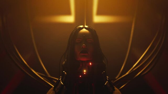 Portrait of a sad cyborg girl with long dark hair, metal grunge wires on neck, closed eyes, connected to internet with wires on back. Volumetric yellow light in futuristic night interior. 3d animation