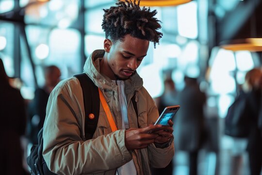 Gen Z boy at an upscale tech conference, networking with peers while showcasing a new app, casual techwear, modern and sleek venue, innovative and professional vibe