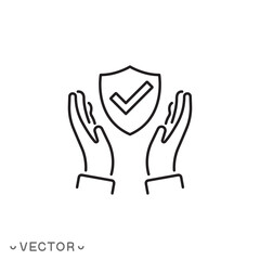 safety and protect shield icon, quality assurance, guard logo, guarantee tick, insurance concept thin line symbol isolated on white background, editable stroke eps 10 vector illustration