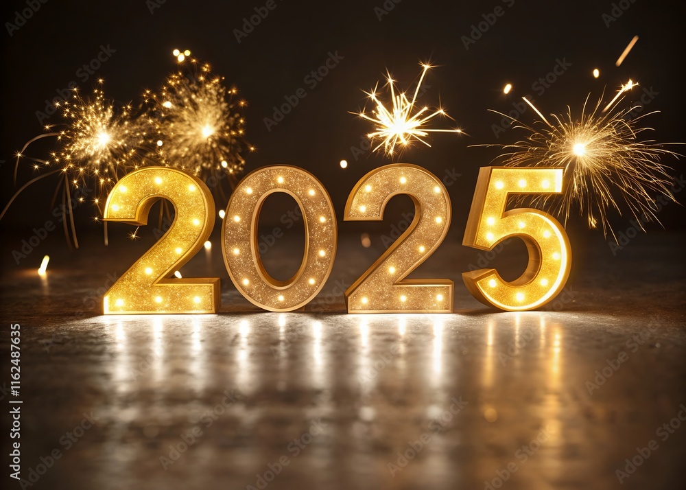 Fototapete happy new year with numbers 2025 with sparkling confetti particles scattered around and firework, ci