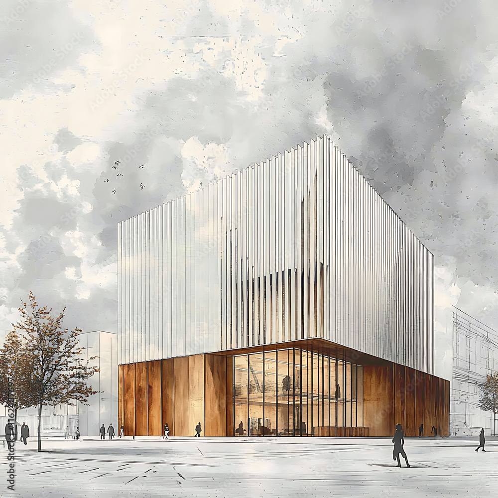 Poster modern architectural building with clean and minimal design, featuring striking facade of vertical e