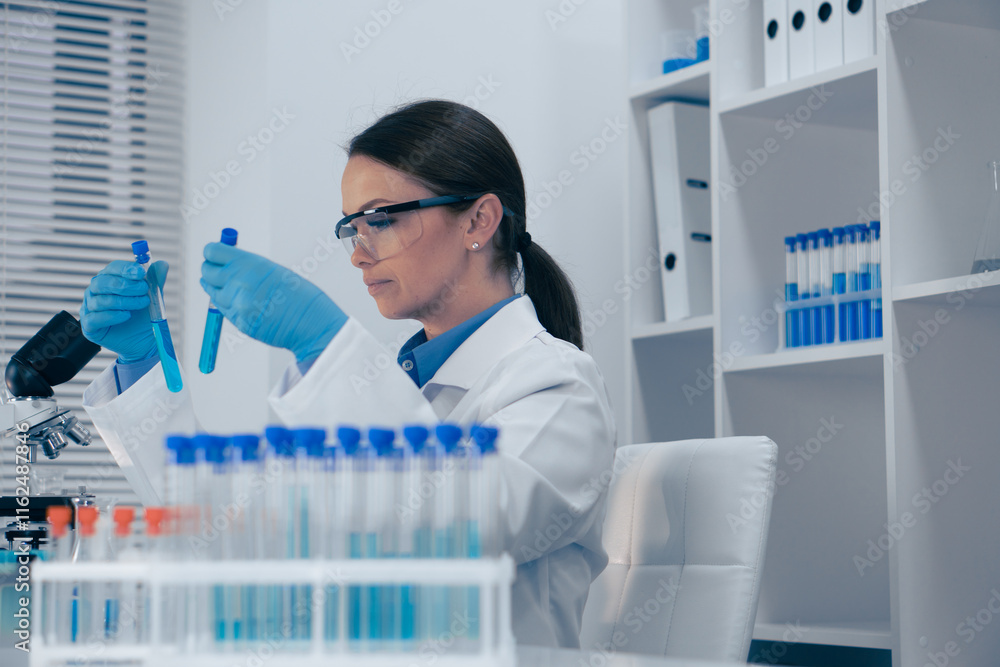 Aufkleber A scientist is performing a detailed analysis of various test tubes in a stateoftheart modern laboratory setting, contributing to advancements in biotechnology, chemistry, and healthcare