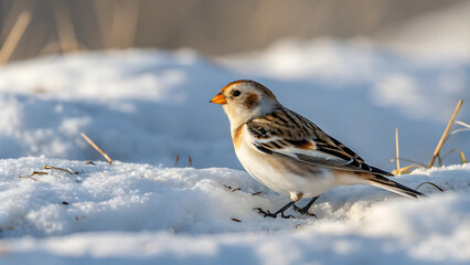 Snow bunting bird in winter habitat on snow-covered ground.