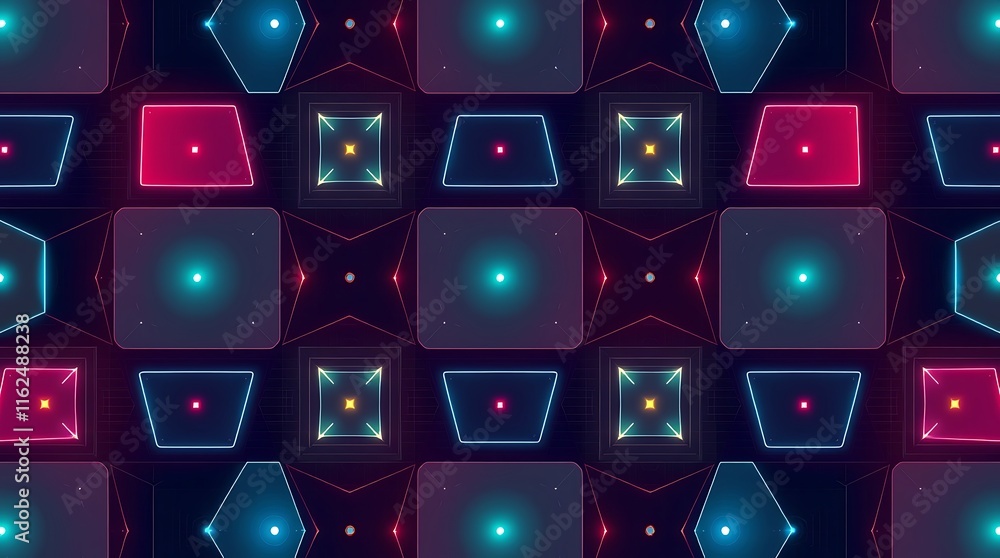 Poster neon geometric patterns: a vibrant and mesmerizing pattern of neon squares and hexagons, pulsating w