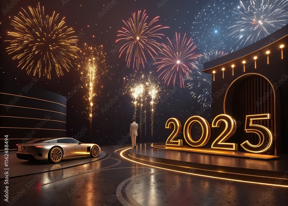 Fototapete happy new year with numbers 2025 with sparkling confetti particles scattered around and firework, ci