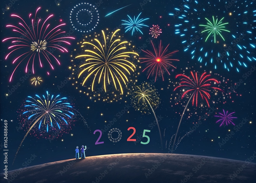 Fototapete happy new year with numbers 2025 with sparkling confetti particles scattered around and firework, ci
