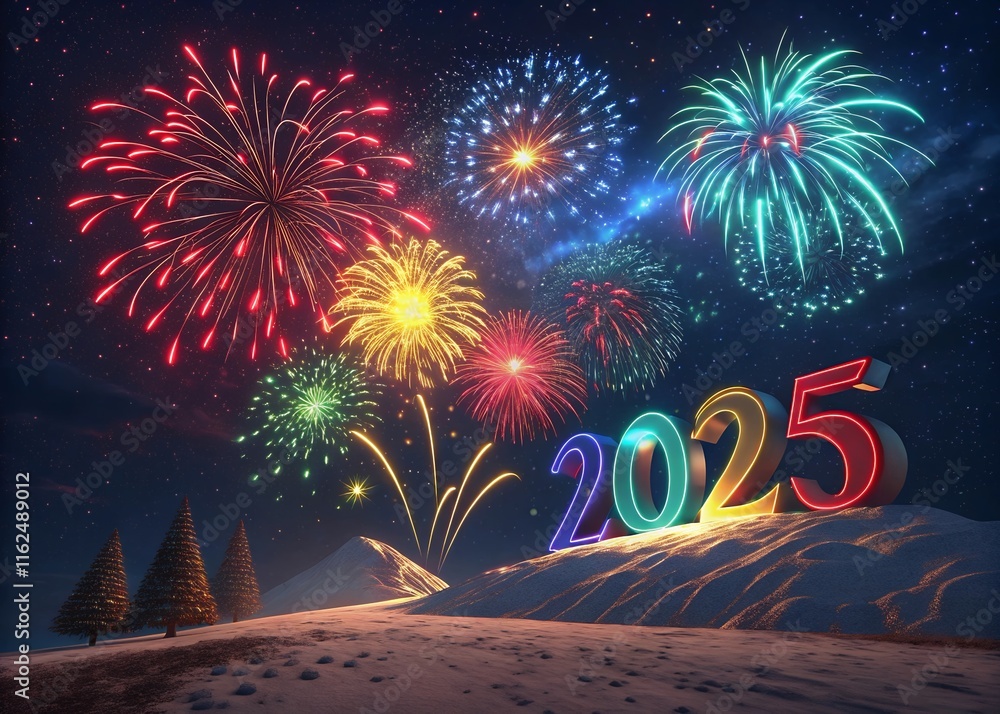 Fototapete happy new year with numbers 2025 with sparkling confetti particles scattered around and firework, ci