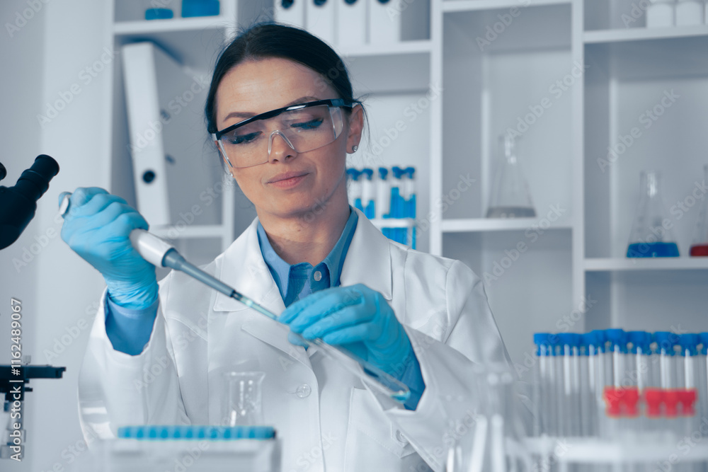 Poster In a cuttingedge lab, a dedicated scientist conducts complex experiments with advanced tools to enhance knowledge in science and healthcare, aiming to improve human life through innovative research