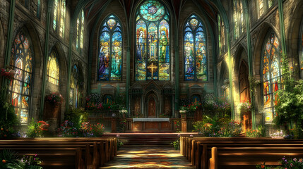 Obraz premium Serene church interior bathed in sunlight, showcasing stunning stained-glass windows and floral arrangements. Ideal for faith, peace, or spirituality concepts.