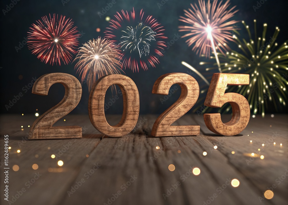 Fototapete happy new year with numbers 2025 with sparkling confetti particles scattered around and firework, ci