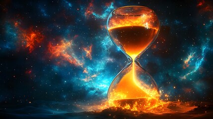 Surreal Hourglass Glowing with Cosmic Elements in a Dazzling Distorted Time Space