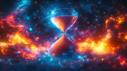 Surreal Hourglass Symbolizing Time Distortion With Cosmic Elements and Vibrant Colors in a Dreamlike Scene