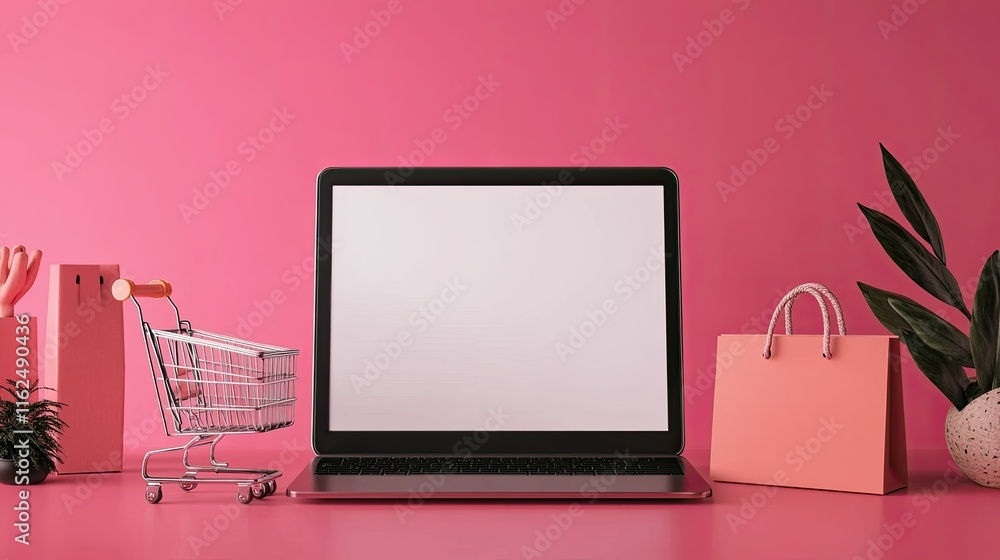Poster a sleek online shopping setup with a blank screen, ready for customization, copy space included
