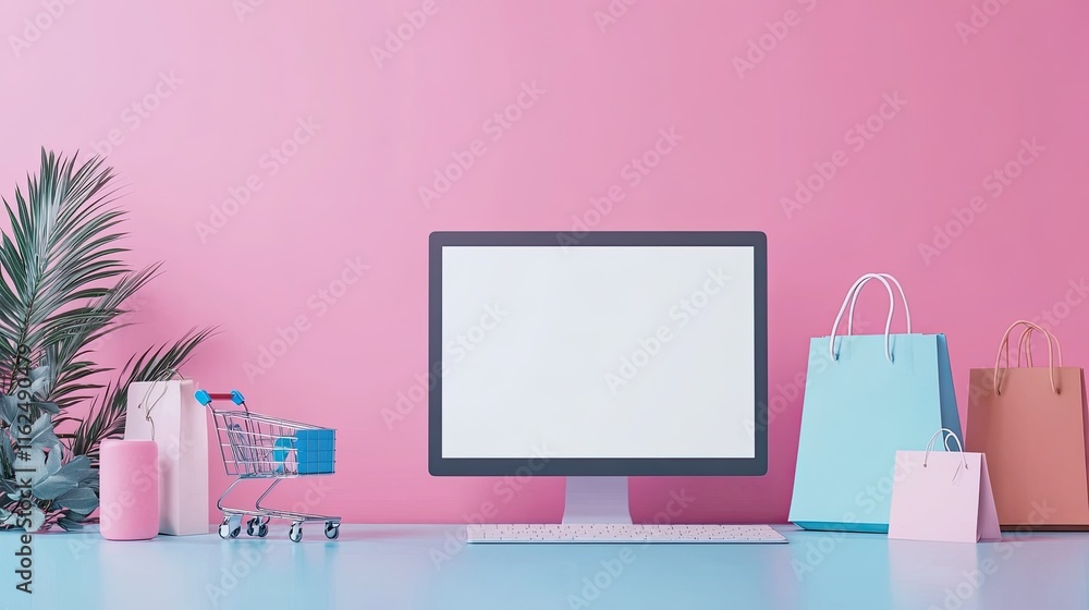 Poster a sleek online shopping setup with a blank screen, ready for customization, copy space included