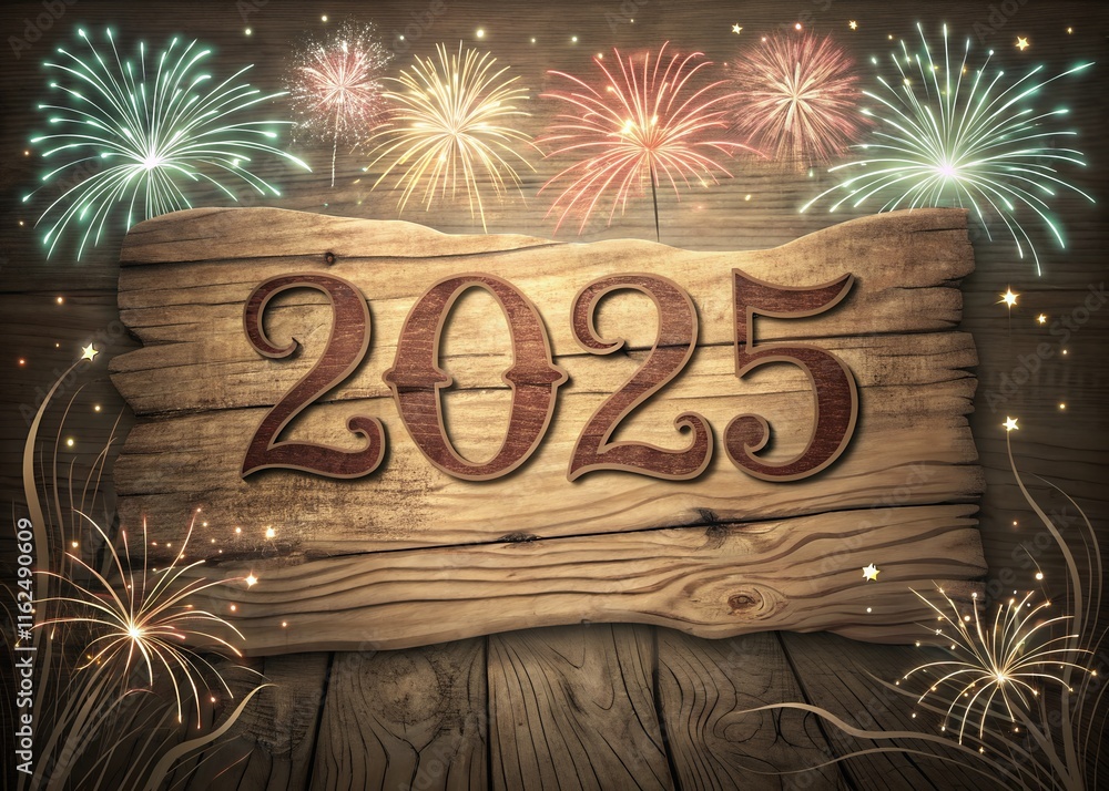 Fototapete happy new year with numbers 2025 with sparkling confetti particles scattered around and firework, ci