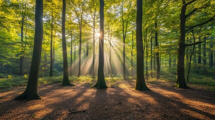 Obraz premium A tranquil forest bathed in warm sunlight, with rays peeking through the leaves of tall trees