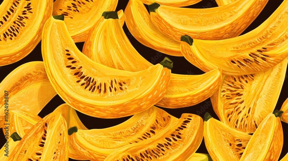 Poster vibrant yellow banana slices on dark background displaying freshness and texture