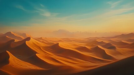 Naklejka premium Serene Desert Landscape with Distant City Skyline