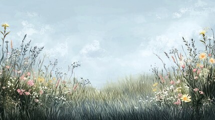 Fototapeta premium Serene Wildflower Meadow Under a Pale Sky