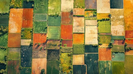 Aerial view of farmland with contrasting textures of crops and brick fences set against a backdrop of open skies