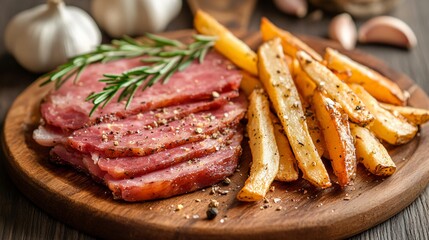 Country ham and seasoned potato fries, isolated on a rustic wooden platter with a sprig of rosemary and garlic cloves