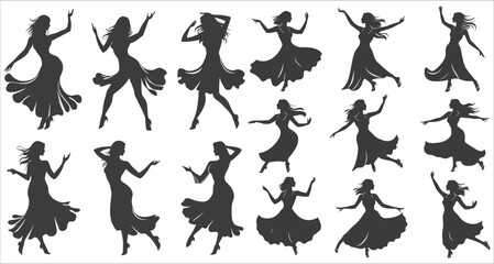 Dancing Women silhouettes, Vector silhouettes of girls dancing in different positions, Woman dancing silhouette vector illustration, Vector silhouette of a woman dancing	
