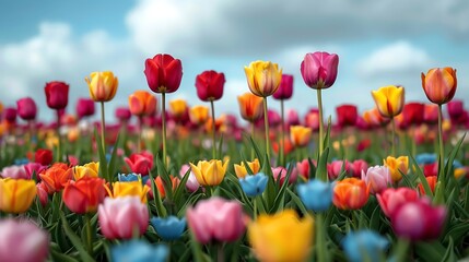 Vibrant tulip field with colorful flowers blooming under a clear blue sky.