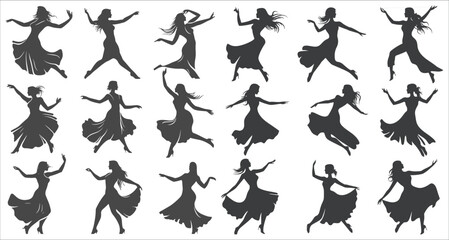 Silhouettes of woman dancing celebration, Silhouettes of female ballet dancers, Beautiful women dancing in silhouettes vector, Black and white silhouettes of women dancing, Female Dancers Silhouettes