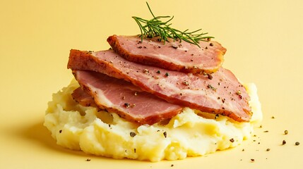 Country ham stacked on a pile of buttery mashed potatoes, isolated on a soft pastel yellow background