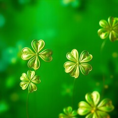 Festive background with shining clover shamrocks and golden bokeh. St. Patrick's Day backdrop. Generative AI