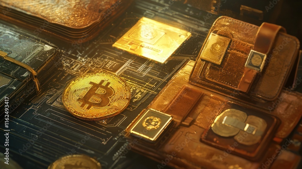 Poster Golden Bitcoin Wallets and Circuit Board Display
