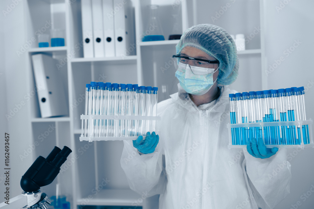 Poster A dedicated scientist is analyzing test tubes in a sophisticated lab, contributing valuable insights to biomedical science, biotechnology, and chemistry to enhance healthcare and microbiology