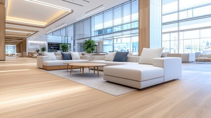 Fototapeta premium A modern furniture showroom with large, open spaces featuring elegant sofas, dining tables