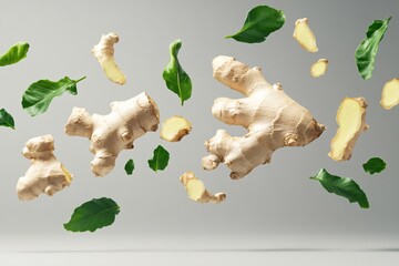 Fototapeta premium Fresh Ginger Roots and Green Leaves Floating in Air Against a Light Gray Background