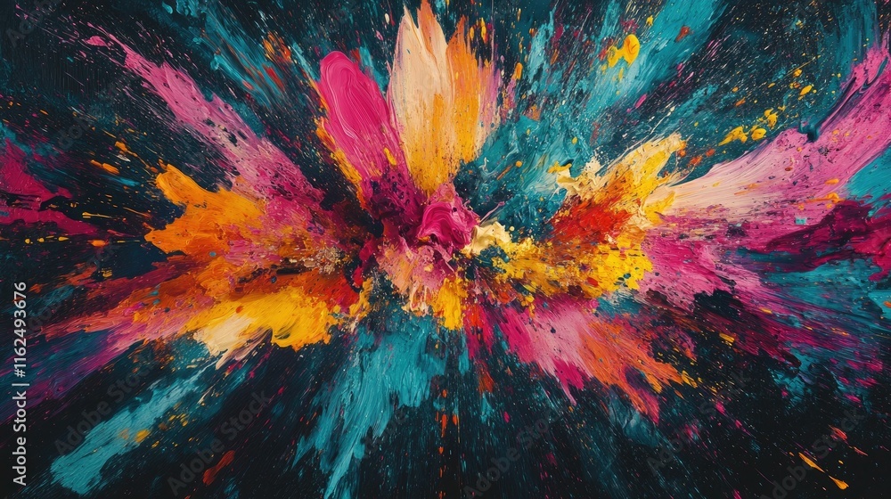 Aufkleber colorful paint splash exploding on a dark surface, combining energy and precision in an 8k desktop w