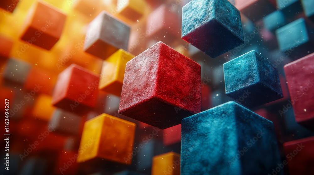 Poster vibrant colorful cubes floating in a dynamic, abstract space with a warm and cool contrast, creating