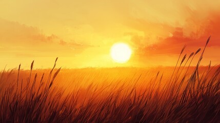 Fototapeta premium Golden Sunset Over a Field of Tall Grass