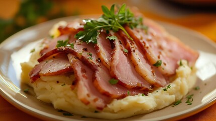 Ham slices layered over creamy mashed potatoes, isolated on a sunset orange background with artistic plating