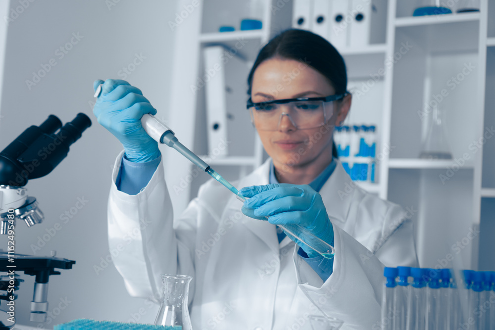 Poster a dedicated scientist conducts complex biochemistry and chemistry research in a lab using advanced e