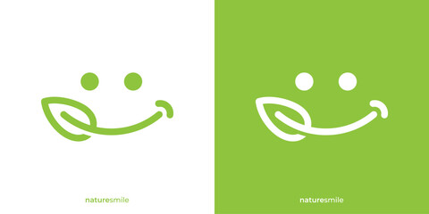 Simple Nature Smile Logo. Tree Leaf and Smile Face Icon Graphic. Organic Smile Logo Design Template.