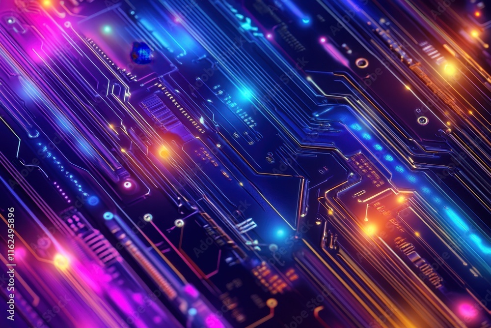 Poster colorful circuit board design with glowing lights and electronic elements in a futuristic style