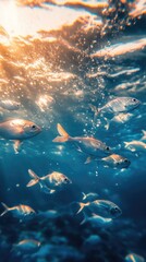 Fototapeta premium Underwater school of fish swimming in clear blue water with sunlight filtering through the surface mobile wallpaper 4K