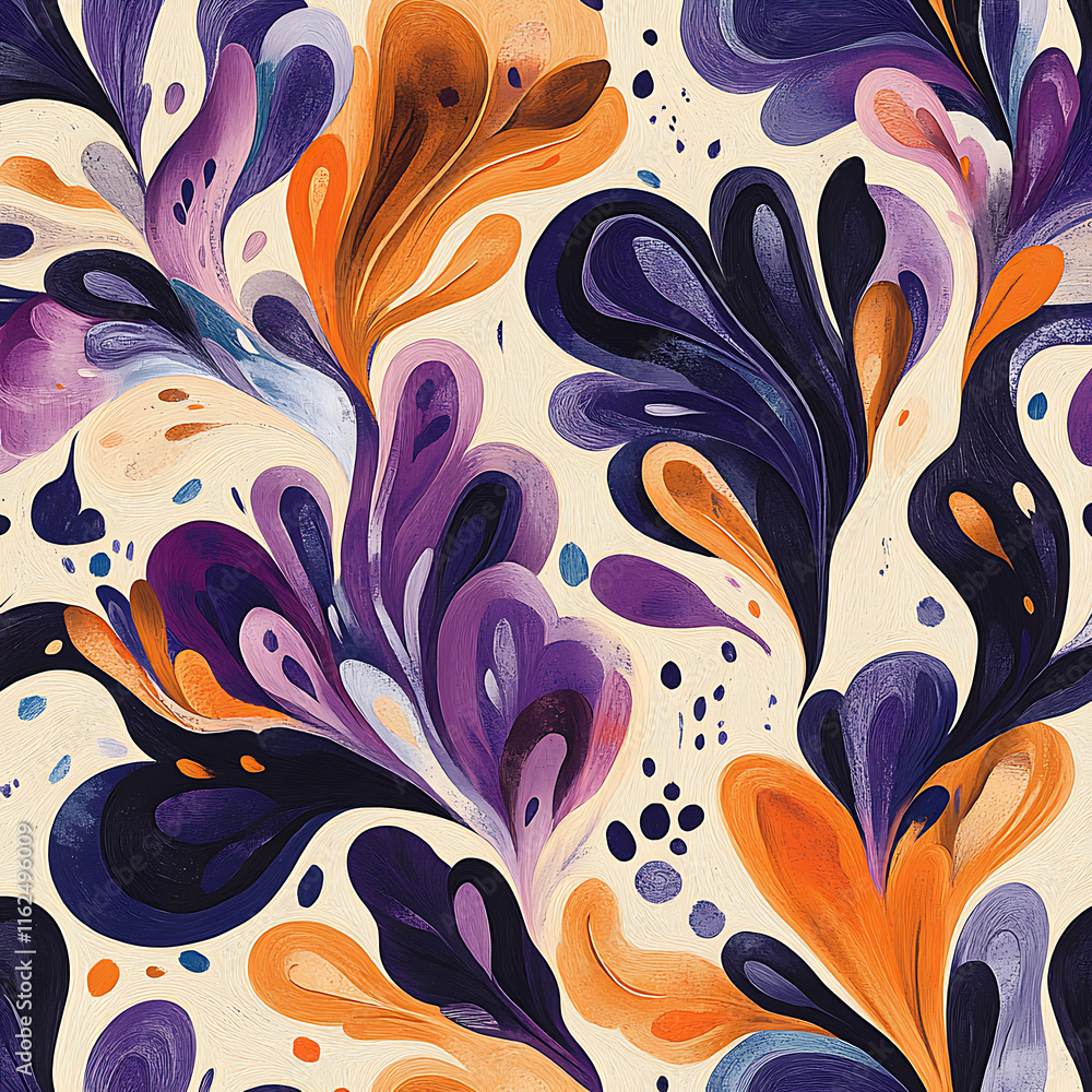 Poster colorful abstract pattern featuring flowing shapes in purple, orange, and black on light background,