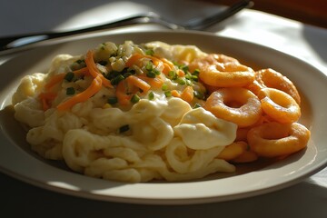 A vibrant plate featuring ackee and saltfish, a traditional Jamaican dish made with salted cod and ackee fruit, along with creamy pasta and sweet potato rounds. Perfect for food lovers!