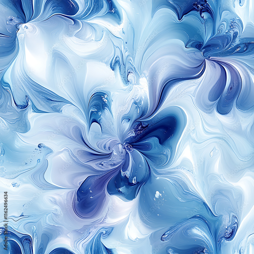 Poster swirling blue and white abstract pattern with fluid shapes and textures, creating calming and artist